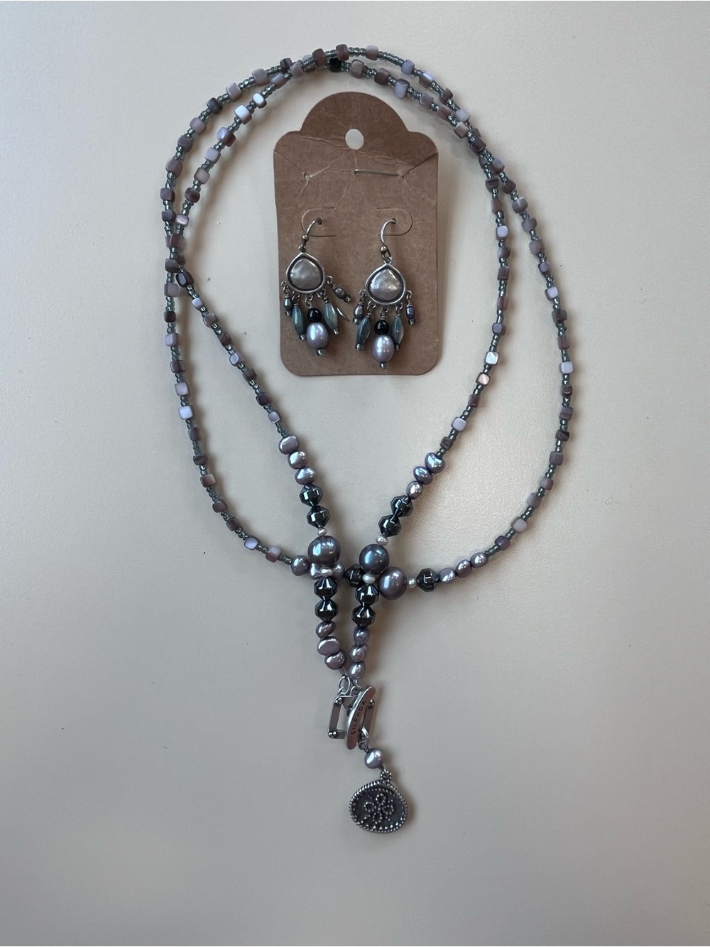 Silpada Signed Necklace, Dangle Earrings & Pendant Set Pearl Crystal Silver